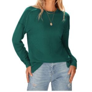 Green Ribbed Long Sleeve Top, L, 3I-129T002